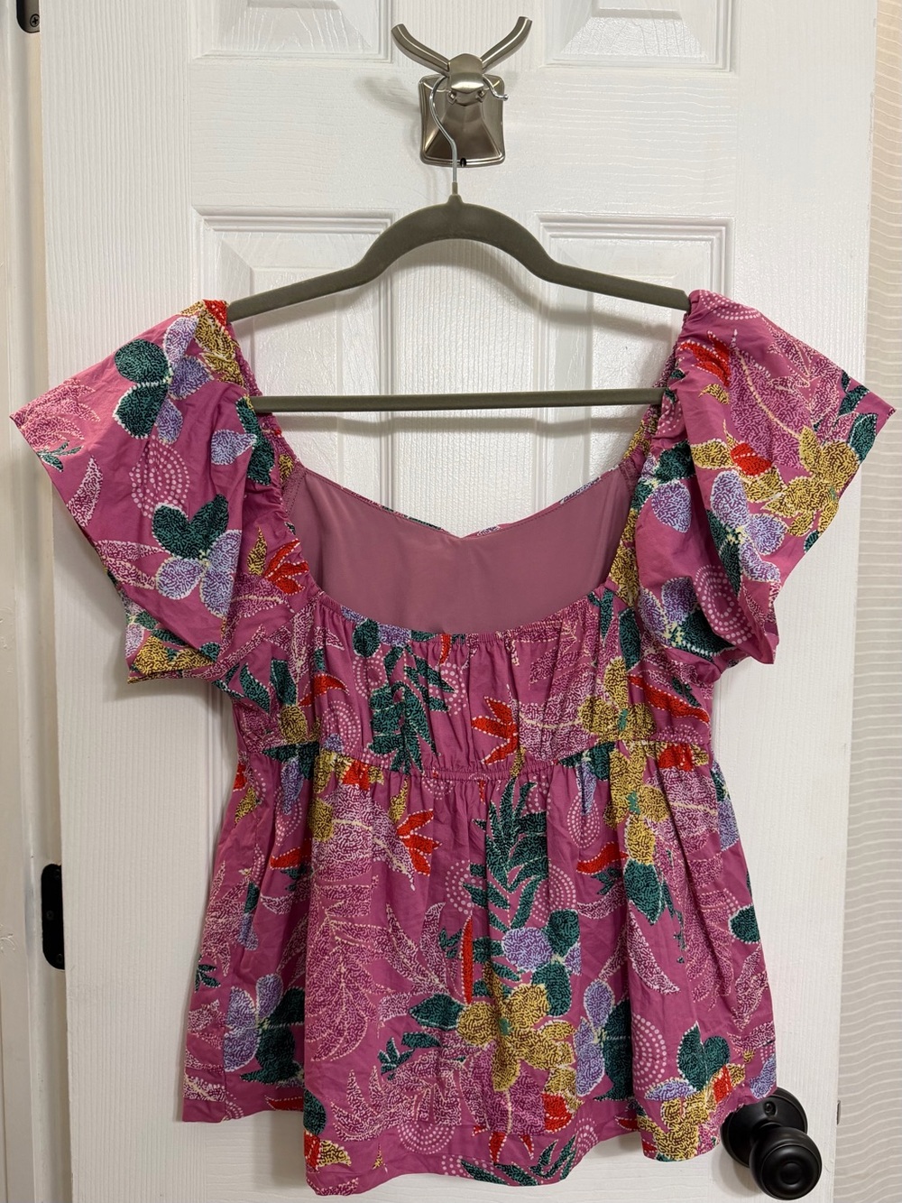 Pink Floral Babydoll Top Sweetheart Neckline Short Sleeve Boho Blouse Medium - Picture 2 of 3